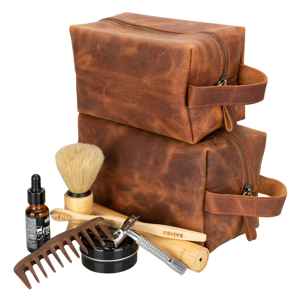 Leather Dopp Kit - Full-Grain Leather Toiletry Organizer, Medium