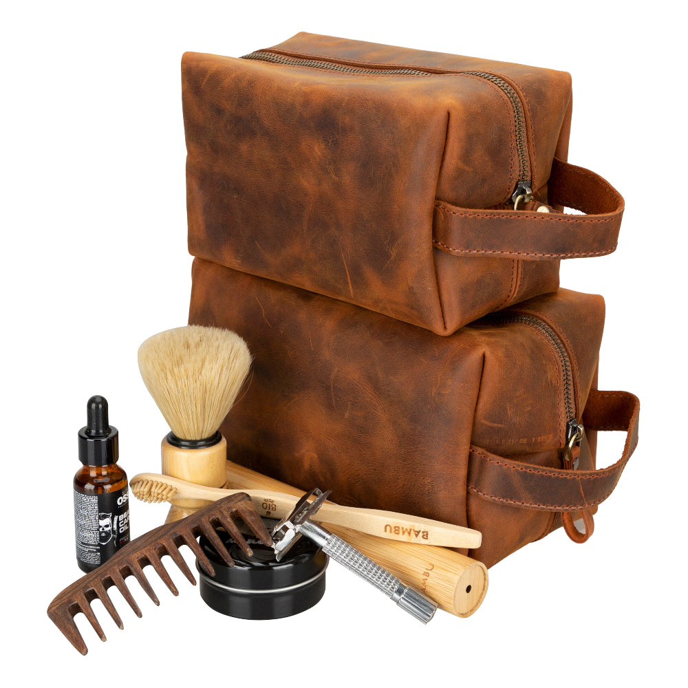 Leather Dopp Kit - Full-Grain Leather Toiletry Organizer, Medium