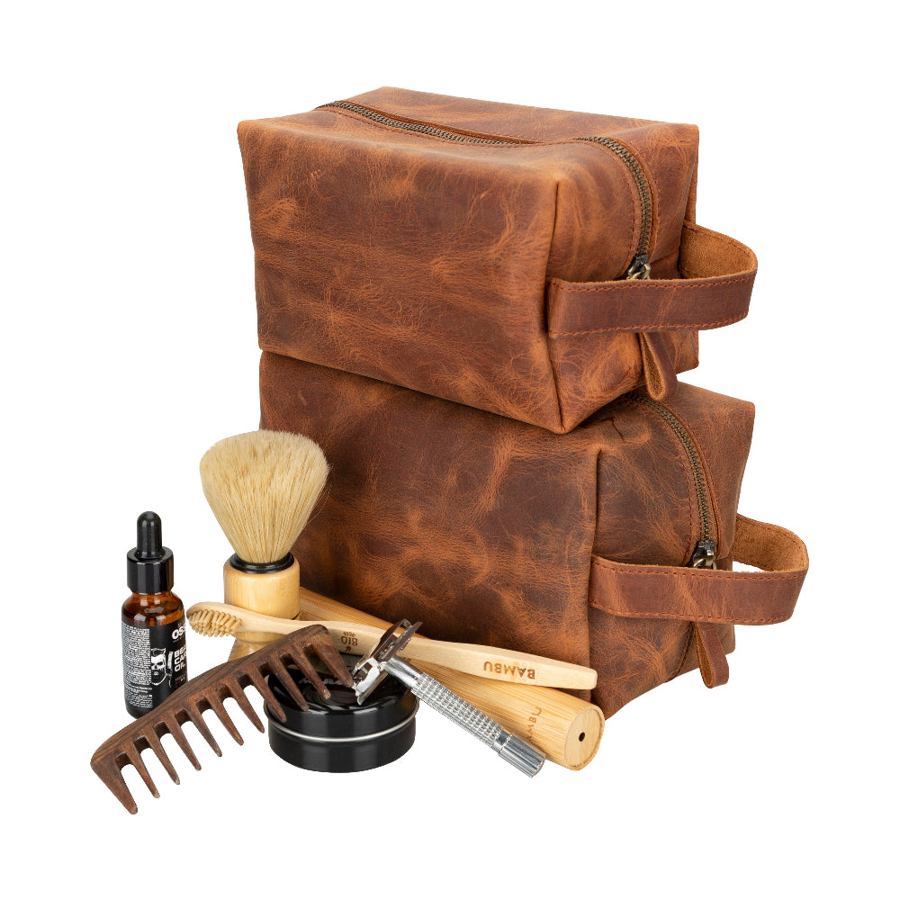 Leather Dopp Kit - Full-Grain Leather Toiletry Organizer, Medium