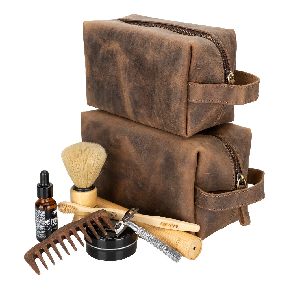 Leather Dopp Kit - Full-Grain Leather Toiletry Organizer, Medium
