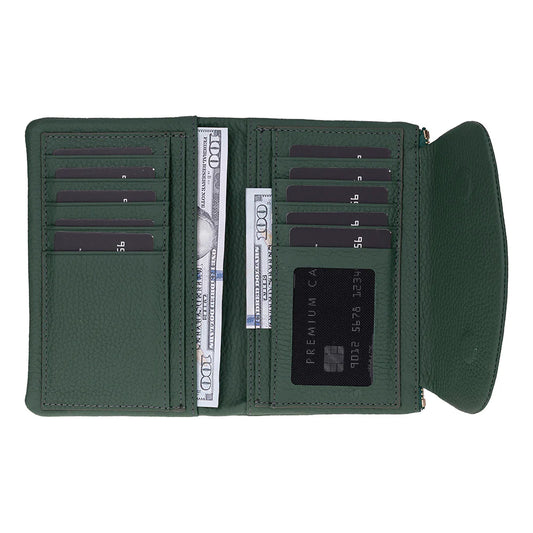 Green wallet with card slots and cash compartment on a white background