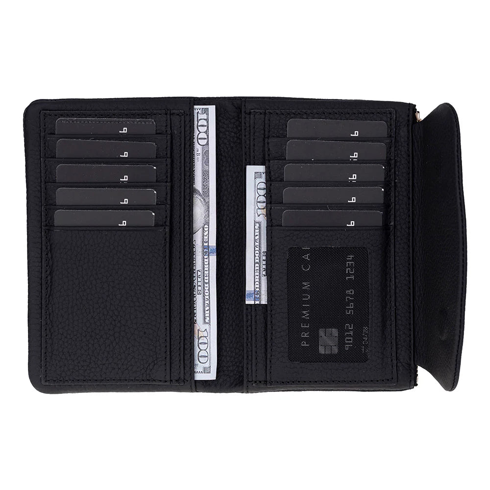 Black wallet with card slots and a bill holder on a white background