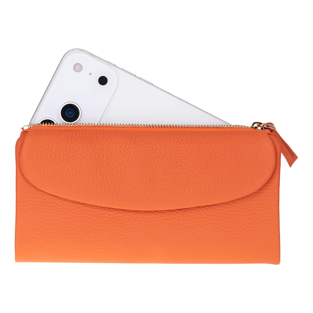 Orange pouch with a white mobile phone inside on a white background