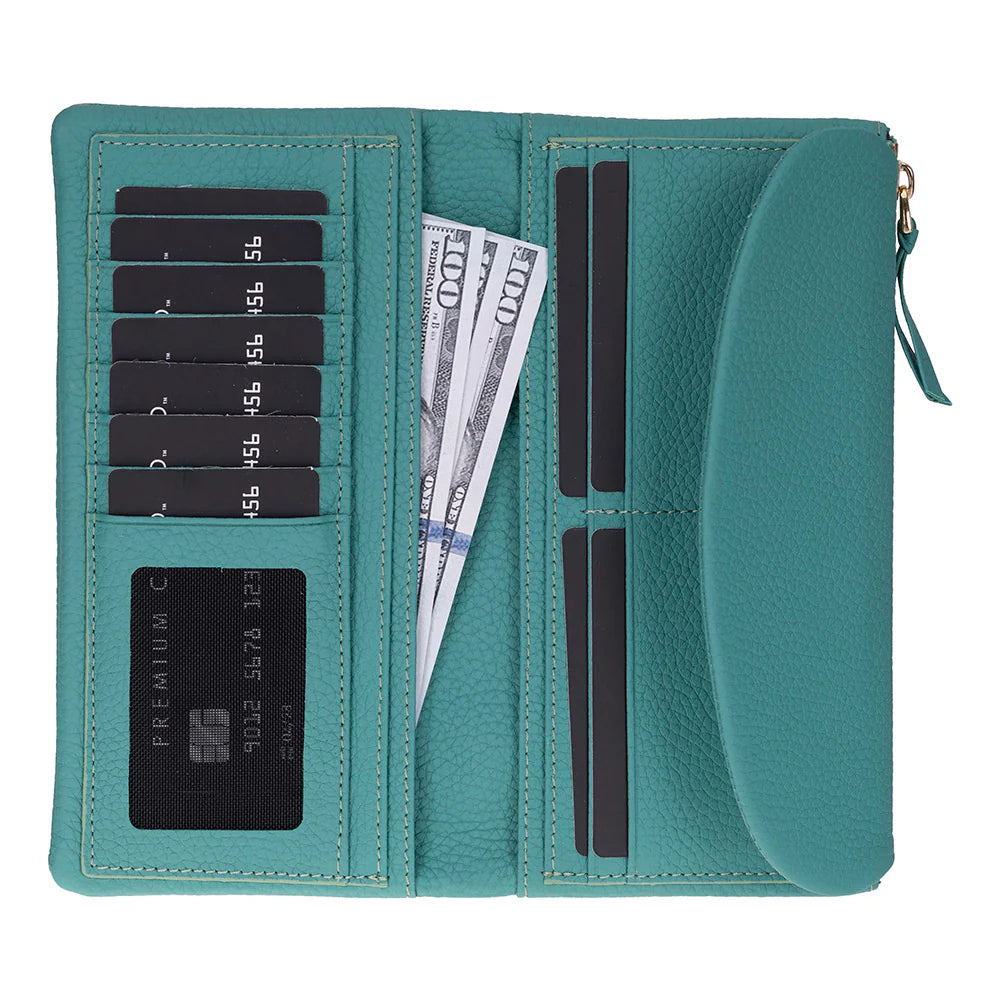Teal wallet with card slots and money pocket on a white background