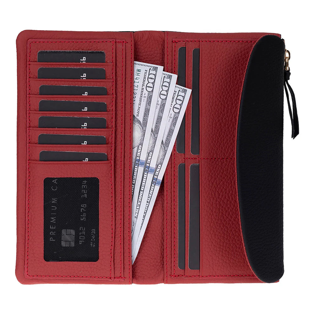 Red wallet with card slots and money, on a white background