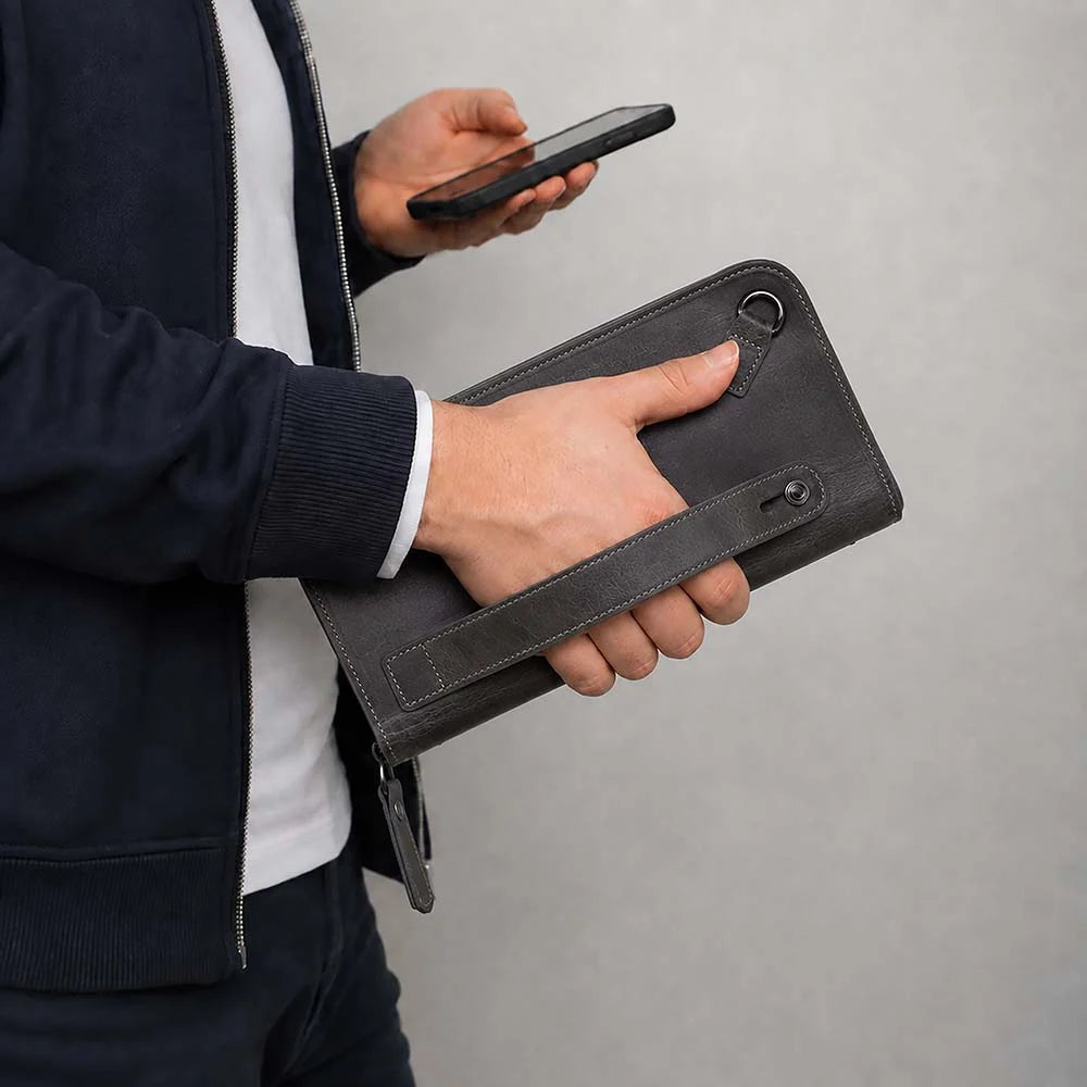 Leather Clutch Handbag with Wrist Strap and Card Slots
