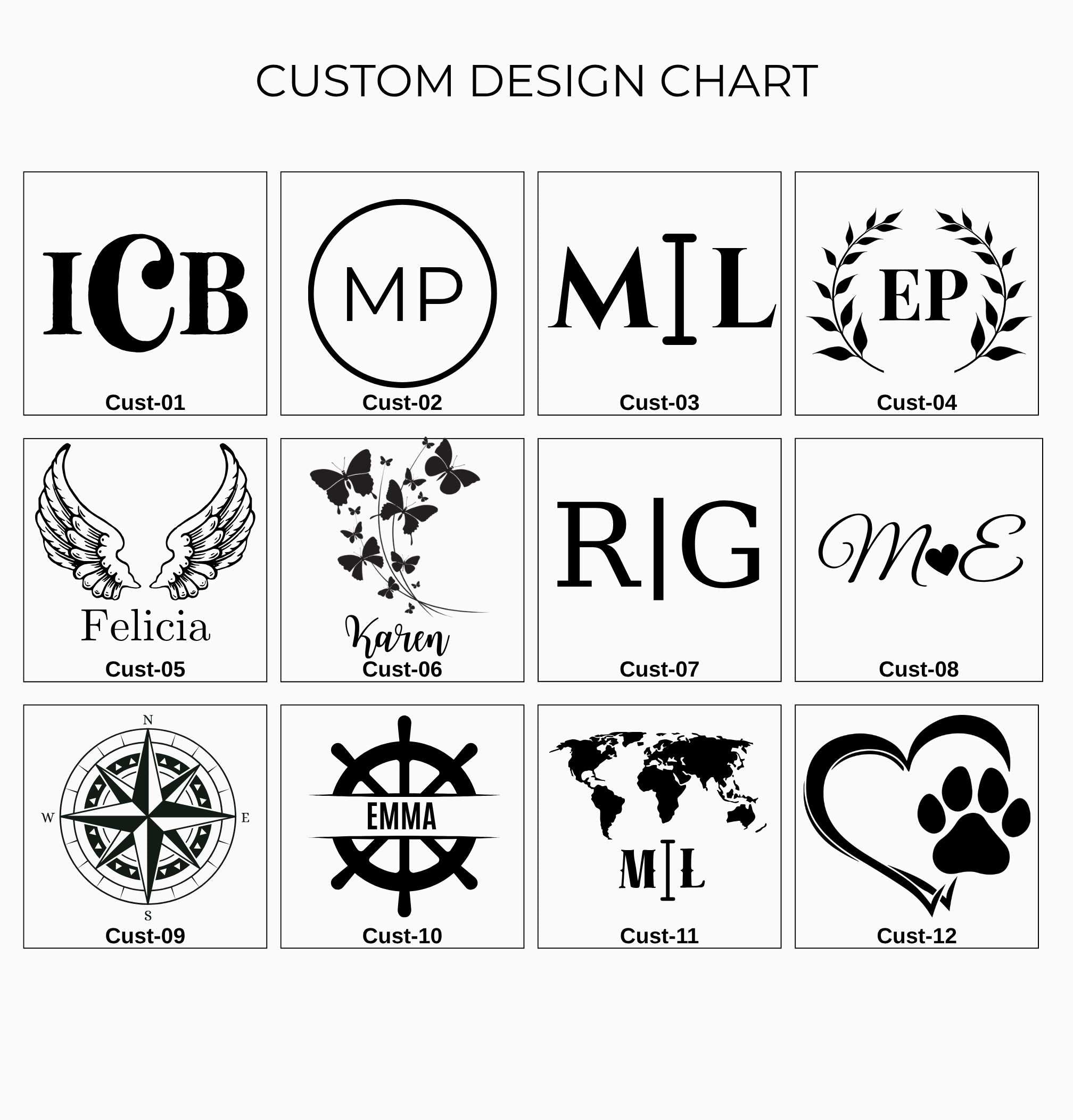Laser design and font chart reference for leather personalization