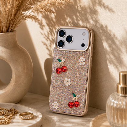 Phone case with cherry and flower designs on a decorative surface