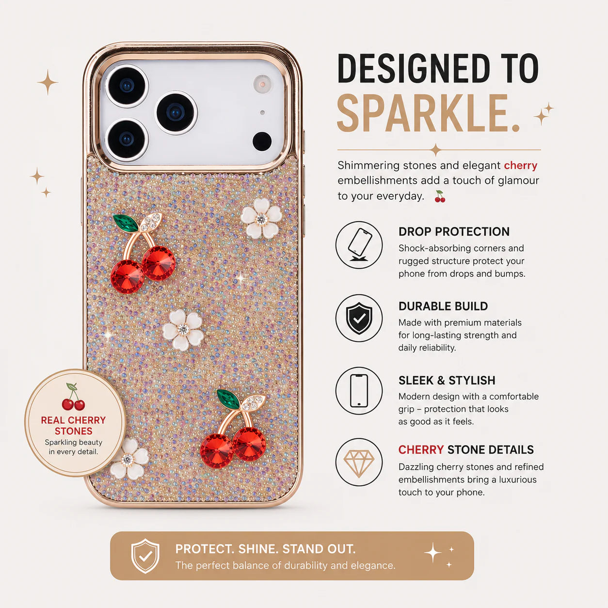 Phone case with cherry embellishments and product features on a light background