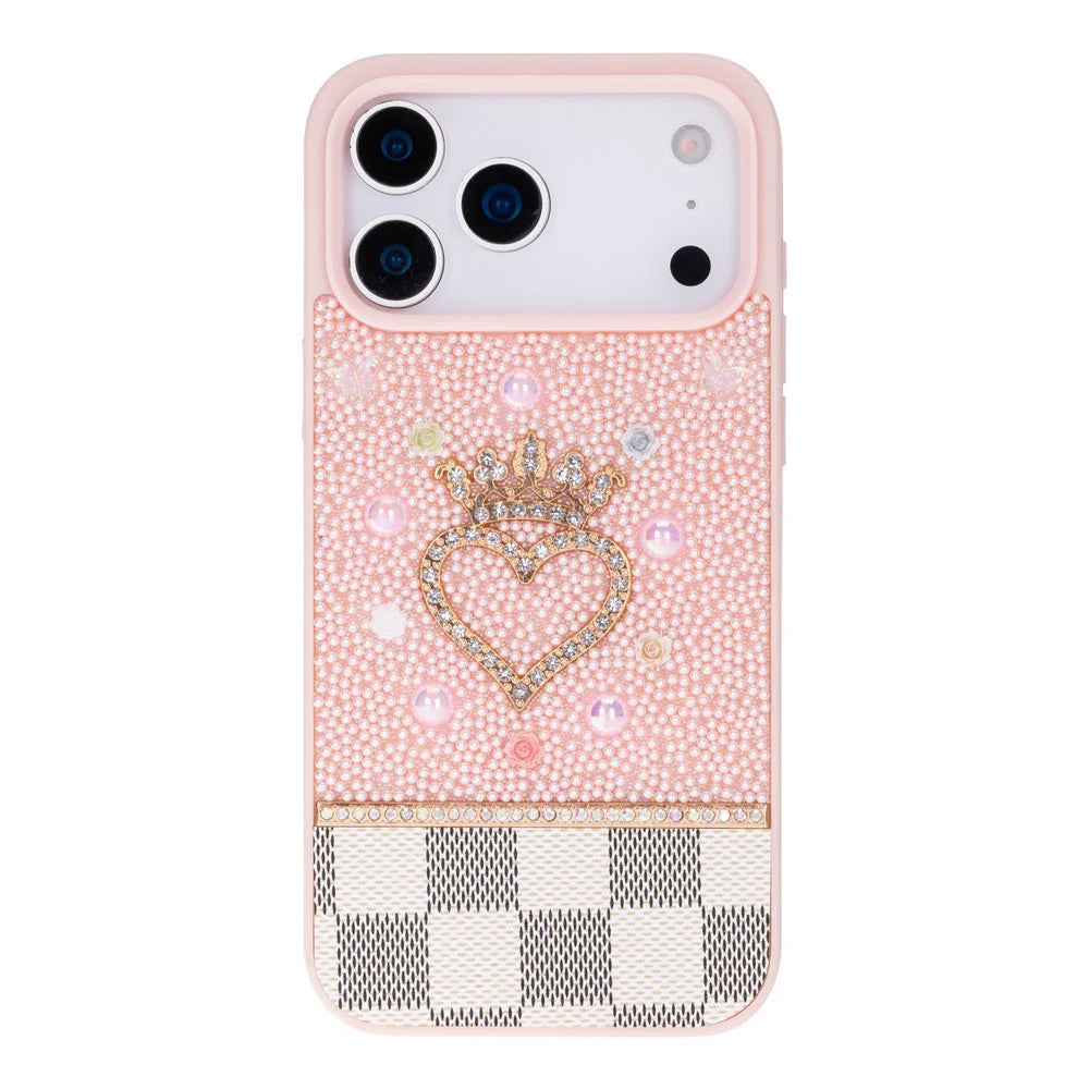 Pink phone case with a heart and crown design on a white background