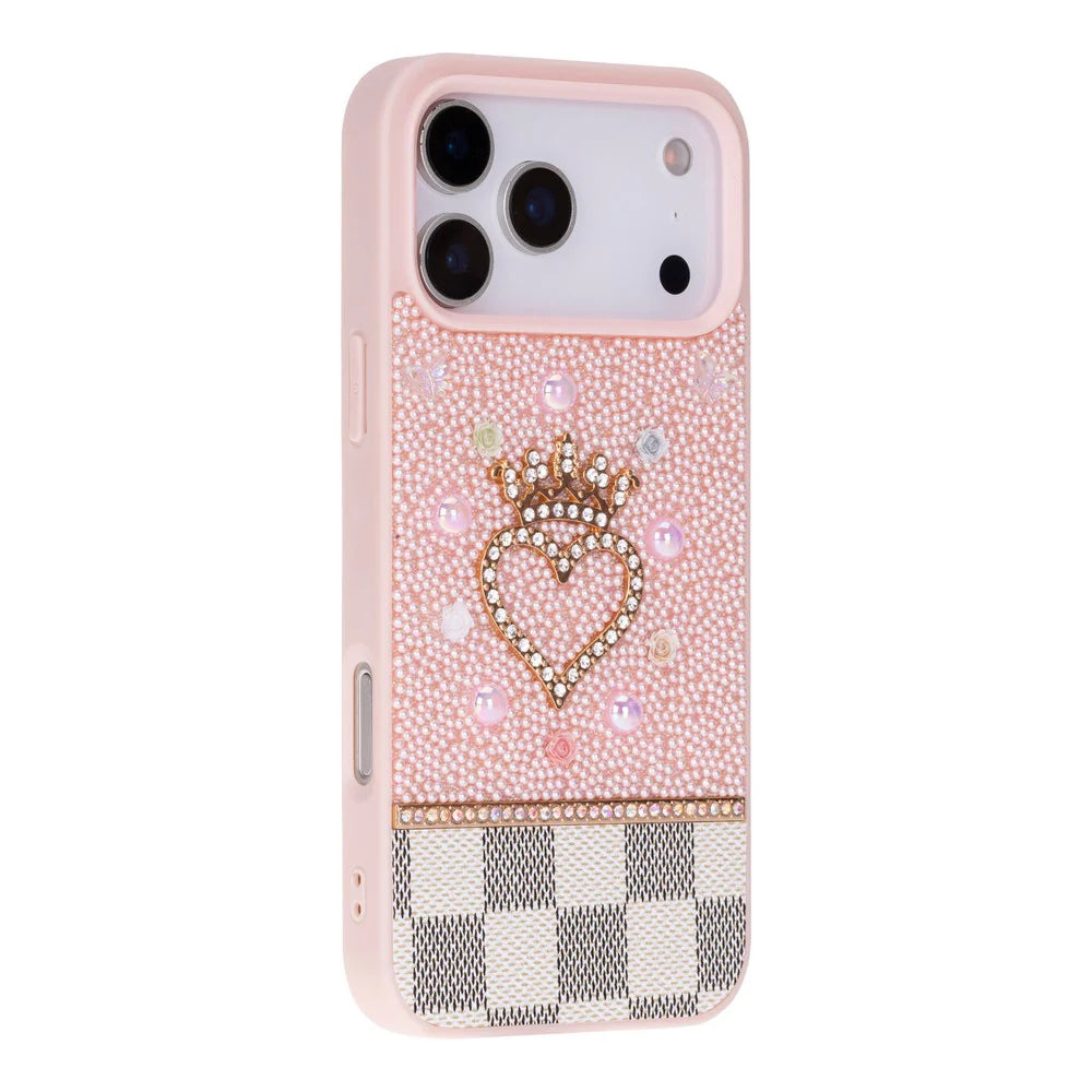 Phone case with heart and crown design on a checkered pattern, on a white background