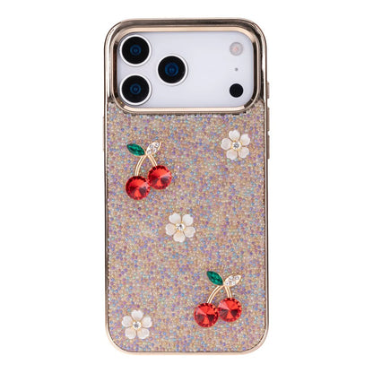 Phone case with cherry and flower designs on a glittery background