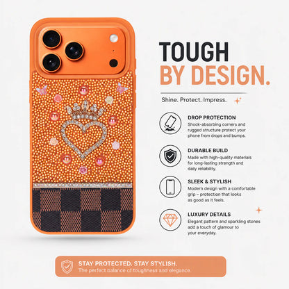 Phone case with heart design and text highlighting features on a white background