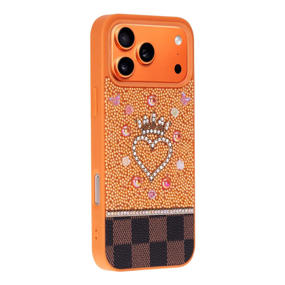 Orange phone case with decorative heart and crown design on a white background