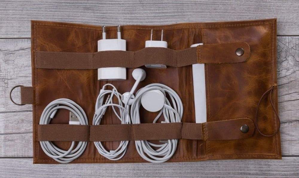 Foldable Leather Cable Organizer – Travel Cord & Tech Accessory Case