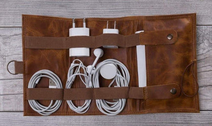 Foldable Leather Cable Organizer – Travel Cord & Tech Accessory Case