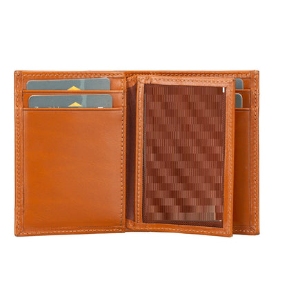 Brown leather wallet with card slots on a white background