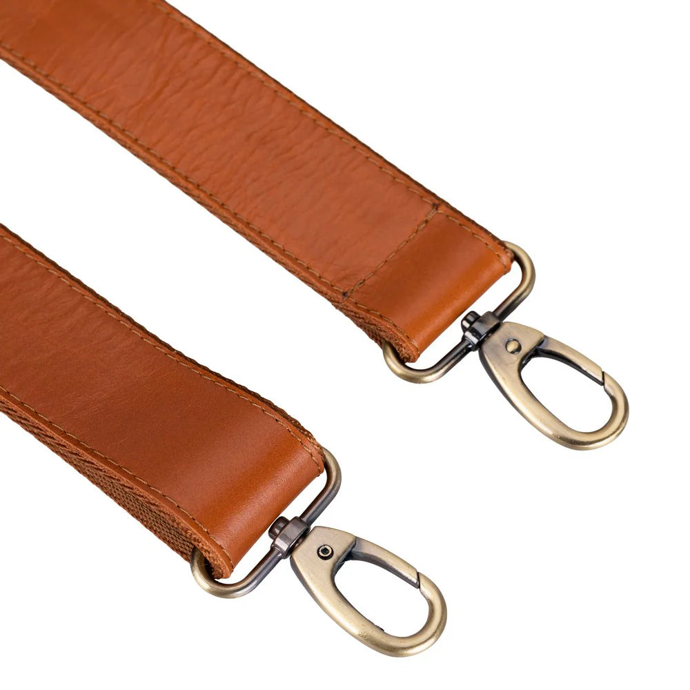 A close-up of a brown leather strap with metal swivel clasp hardware on a plain white background.