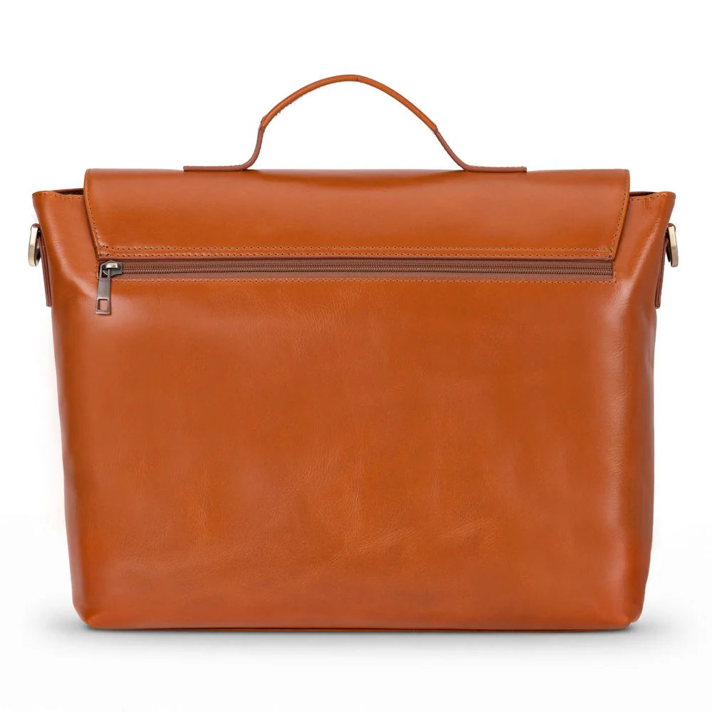 A warm cognac brown leather briefcase with a top handle, a front zippered pocket, and a main zippered compartment, shown on a plain white background.