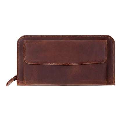 A brown leather zip-around wallet with a front flap pocket, shown closed on a plain white background.