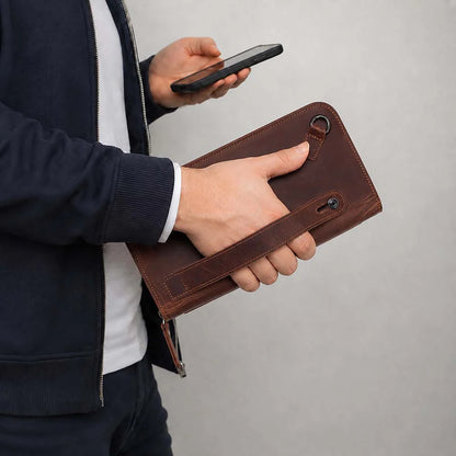 A man in a navy blue zip-up jacket and white t-shirt holds a brown leather clutch wallet with a built-in phone pocket in his right hand while holding a black smartphone in his left hand, against a neutral gray background.