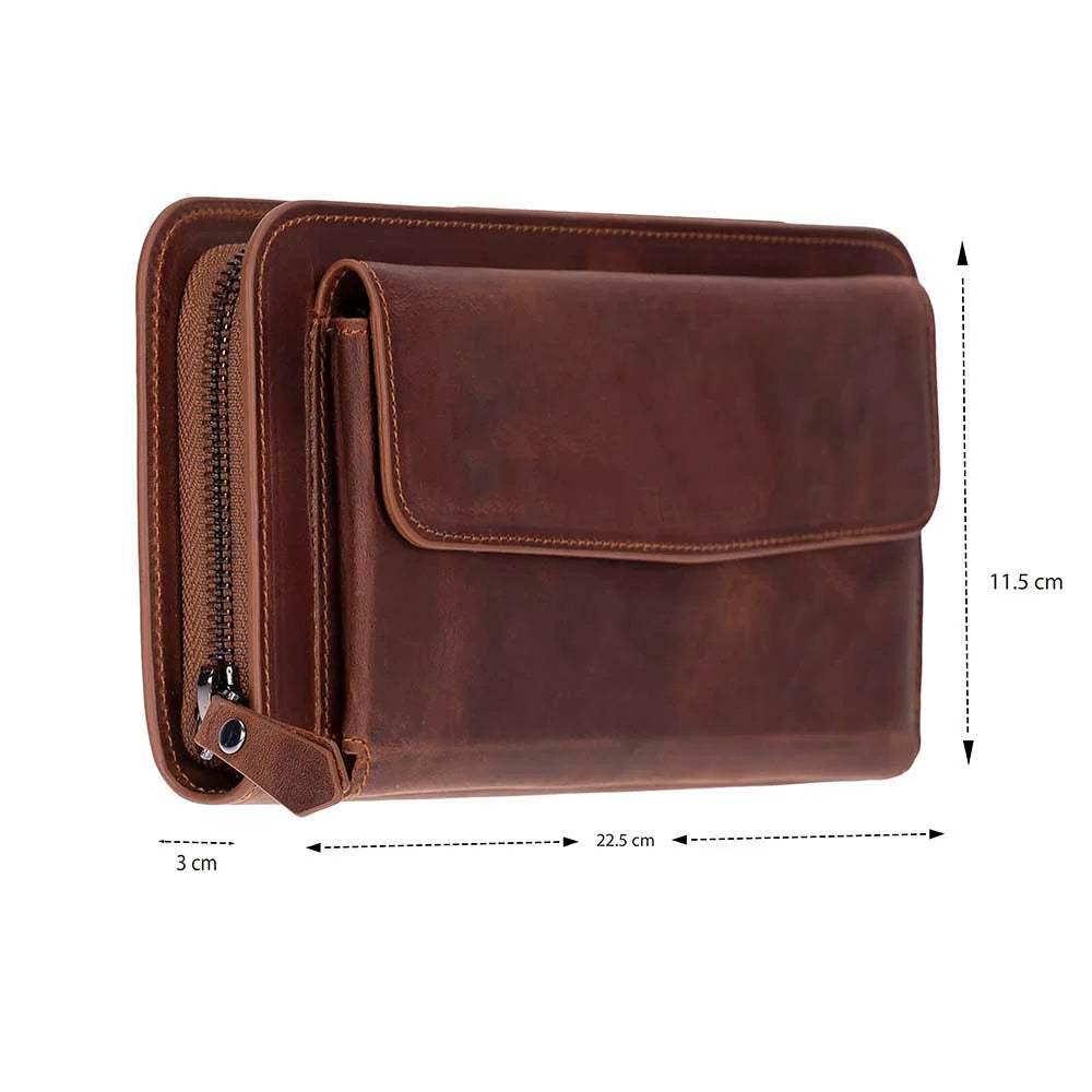 A brown leather zip-around wallet shown on a white background with dimension arrows and labels indicating 22.5 cm width, 11.