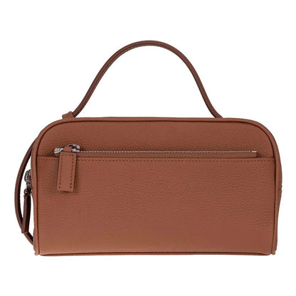 A brown pebbled leather handbag with a top handle and a front zippered pocket, shown against a plain white background.