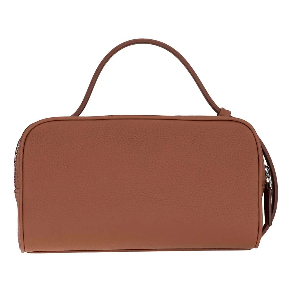 A brown pebbled leather cosmetic bag with a top handle and a zip-around closure, shown against a plain white background.
