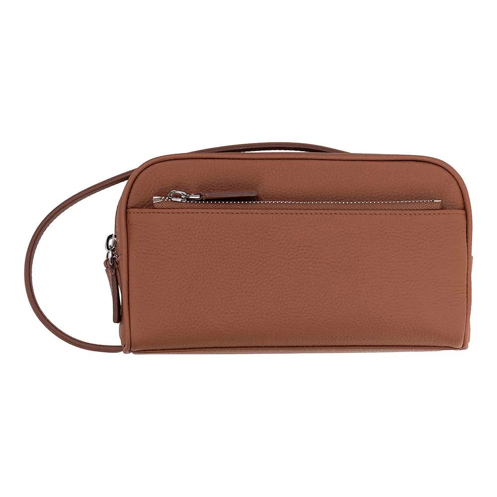 A brown pebbled leather cosmetic pouch with a top zipper and a shoulder strap, shown against a plain white background.
