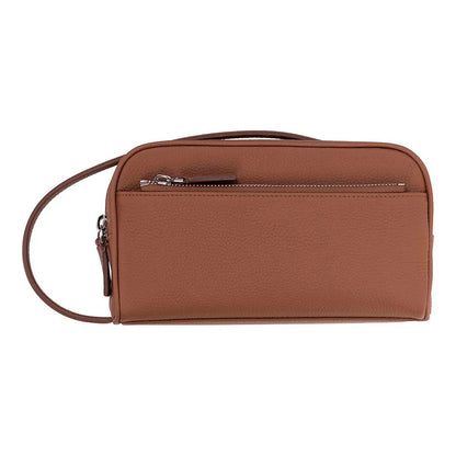A brown pebbled leather cosmetic pouch with a top zipper and a shoulder strap, shown against a plain white background.