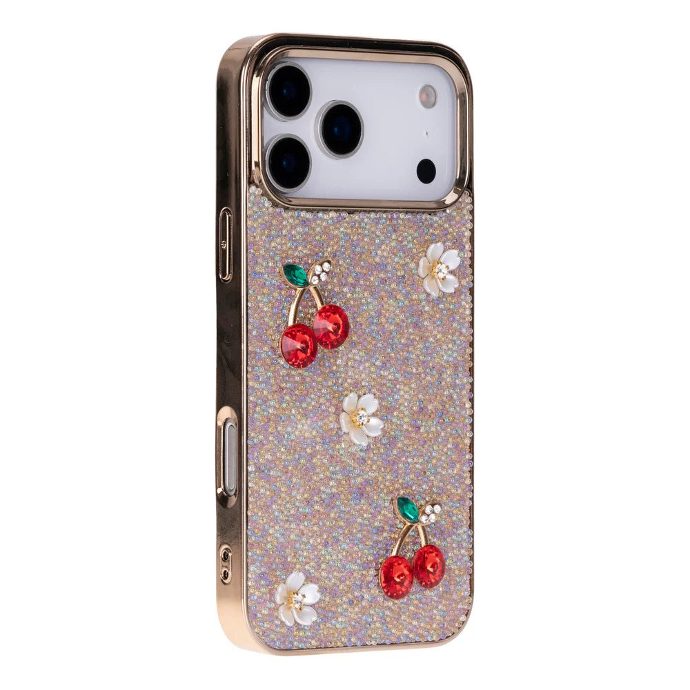 Crystal iPhone 17 Pro Case Cherry Rhinestone Gold Frame Freya