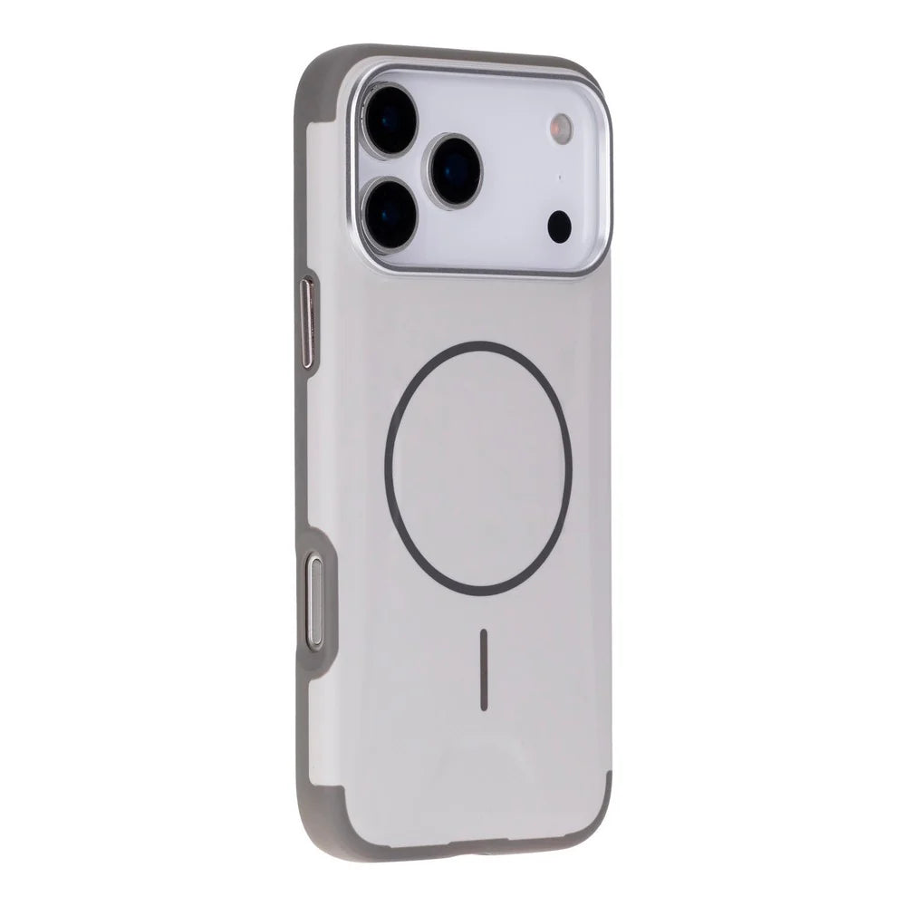 A light gray MagSafe-compatible phone case with a clear back panel, shown on a white background.