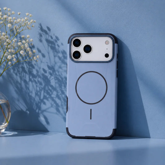 Blue phone case with a magnetic design on a blue background