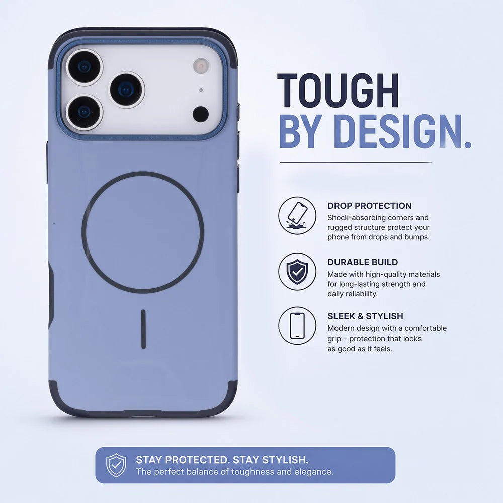 Phone case with features highlighted on a light blue background
