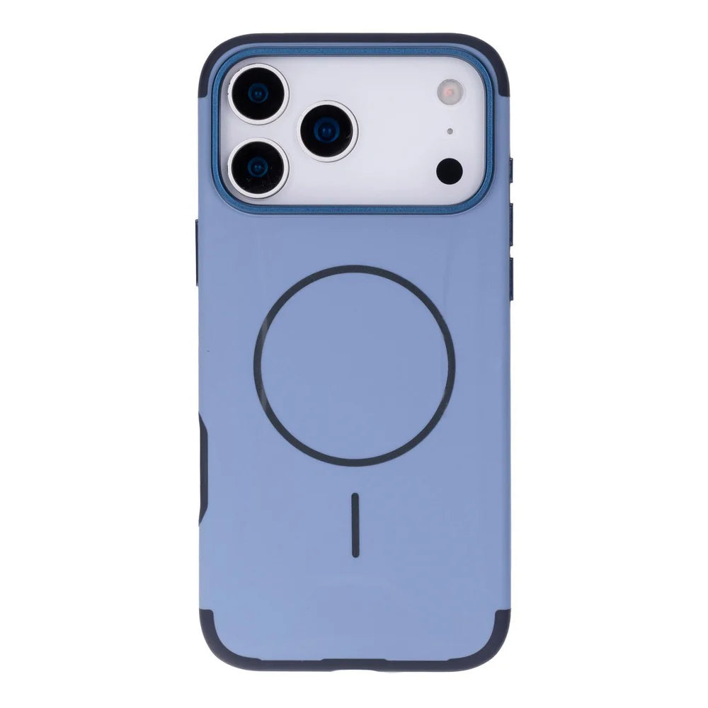 Blue phone case with a magnetic charging pad on a white background