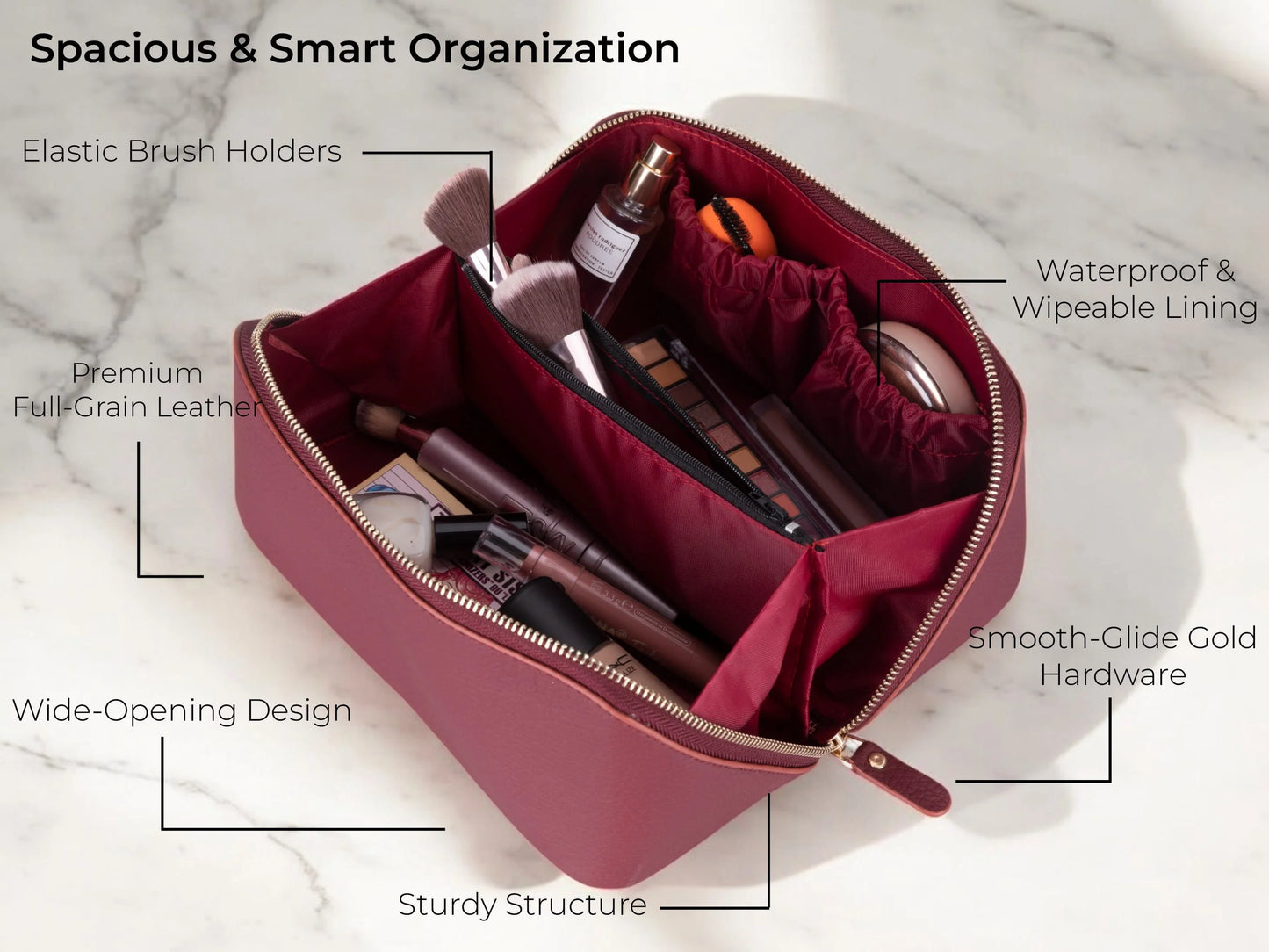 Novara Leather Travel Makeup Bag Organizer