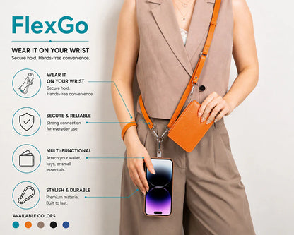 A person wearing a tan blazer and trousers demonstrates the FlexGo wrist strap accessory, which is an orange crossbody pouch with a metal clip attached to the wrist. The image includes text callouts explaining the product's features: 'WEAR IT ON YOUR WRIST', 'SECURE & RELIABLE', 'MULTI-FUNCTIONAL', and 'STYLISH & DURABLE'.