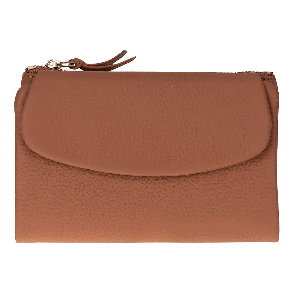 Brown leather clutch bag on a white background