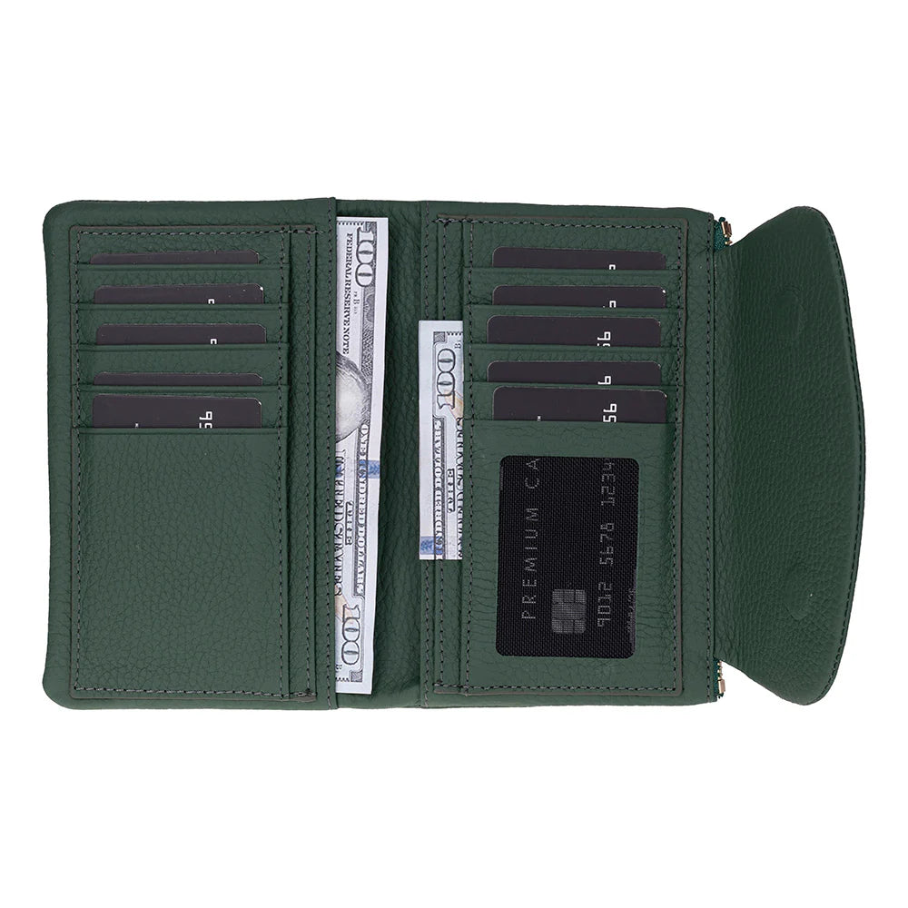 Green wallet with card slots and cash compartment on a white background