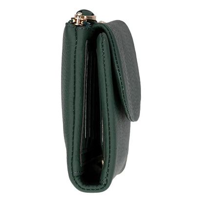 Green leather wallet with a gold zipper on a white background