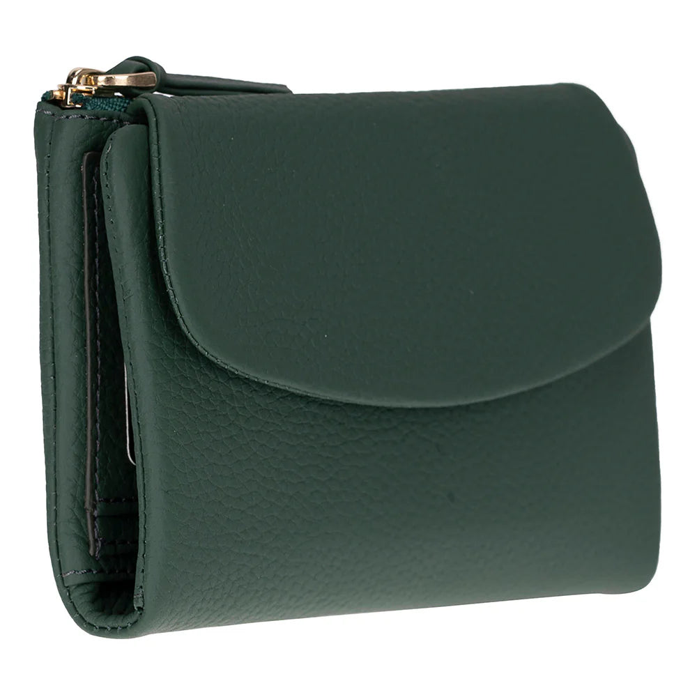 Green leather wallet with a zipper on a white background