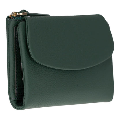 Green leather wallet with a zipper on a white background
