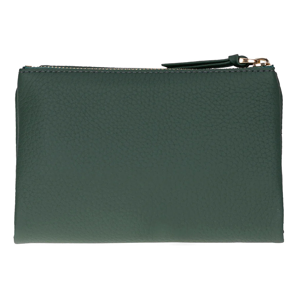 Green leather pouch with a zipper on a white background
