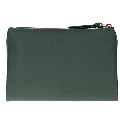 Green leather pouch with a zipper on a white background
