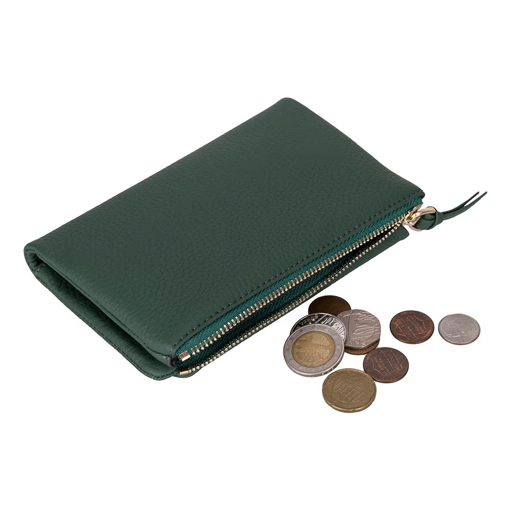 Green wallet with coins on a white background