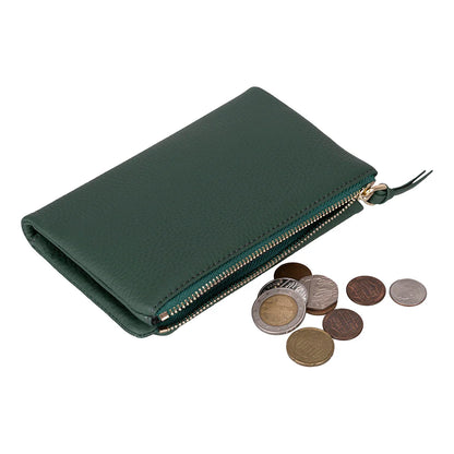 Green wallet with coins on a white background