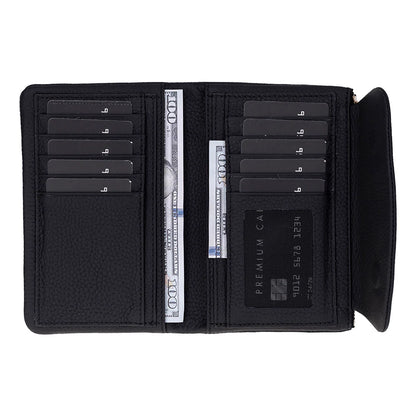 Black wallet with card slots and a bill holder on a white background