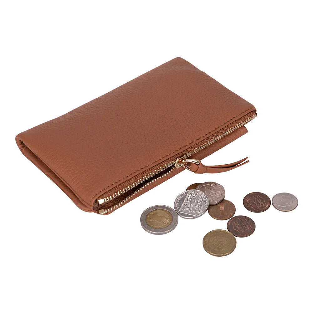 Brown leather wallet with coins on a white background