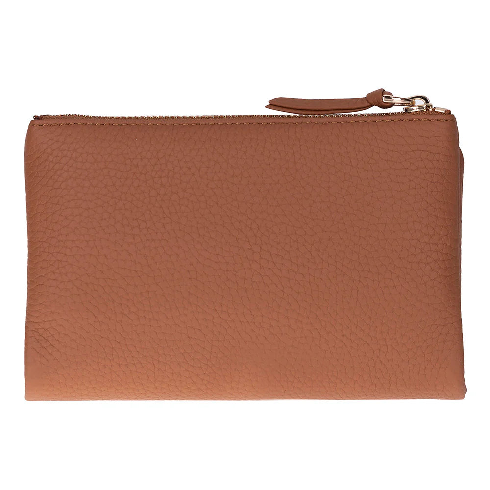 Brown leather pouch with a zipper on a white background