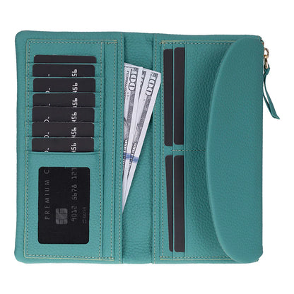 Teal wallet with card slots and money pocket on a white background